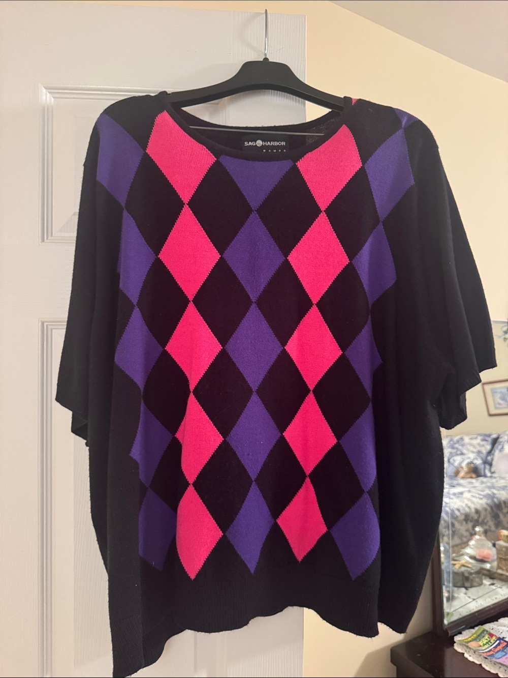 Sag Harbor Black Top with Pink and Purple Argyle